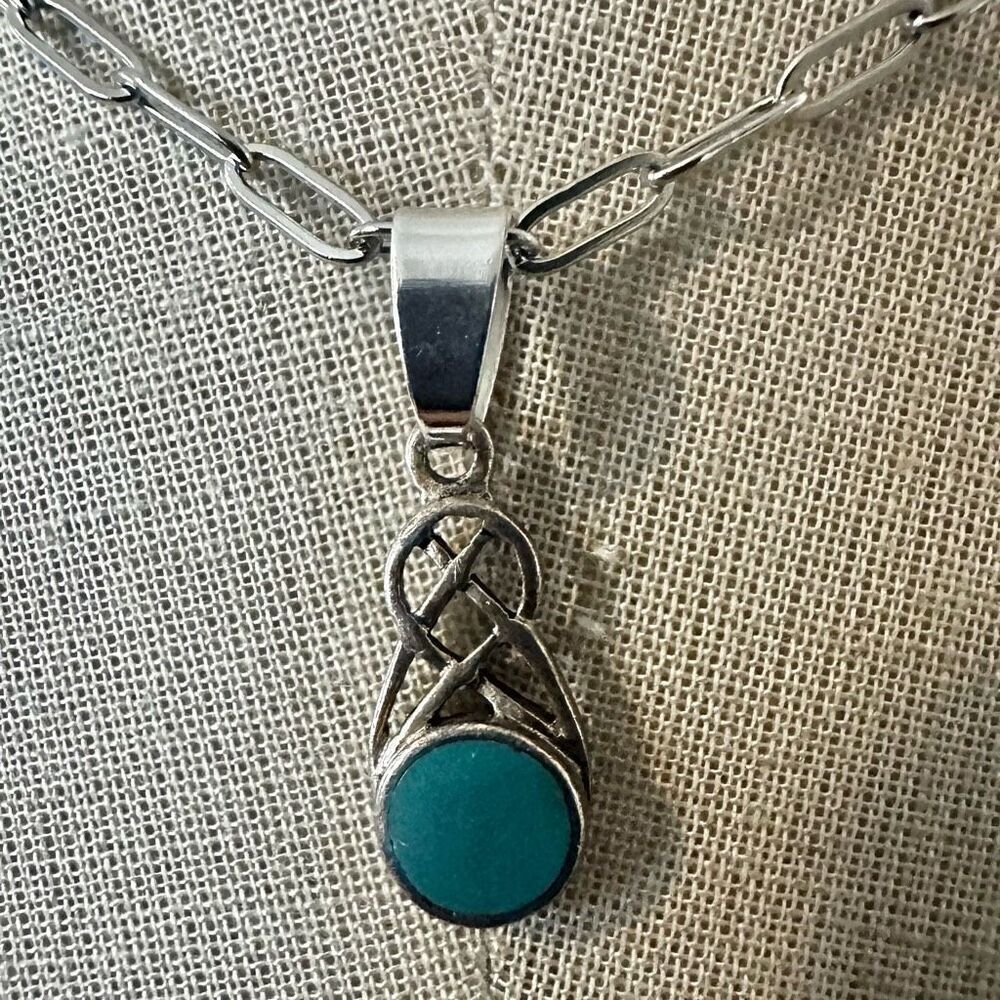Sterling Silver Celtic Knot Pendant Necklace with Turquoise-Colored Stone